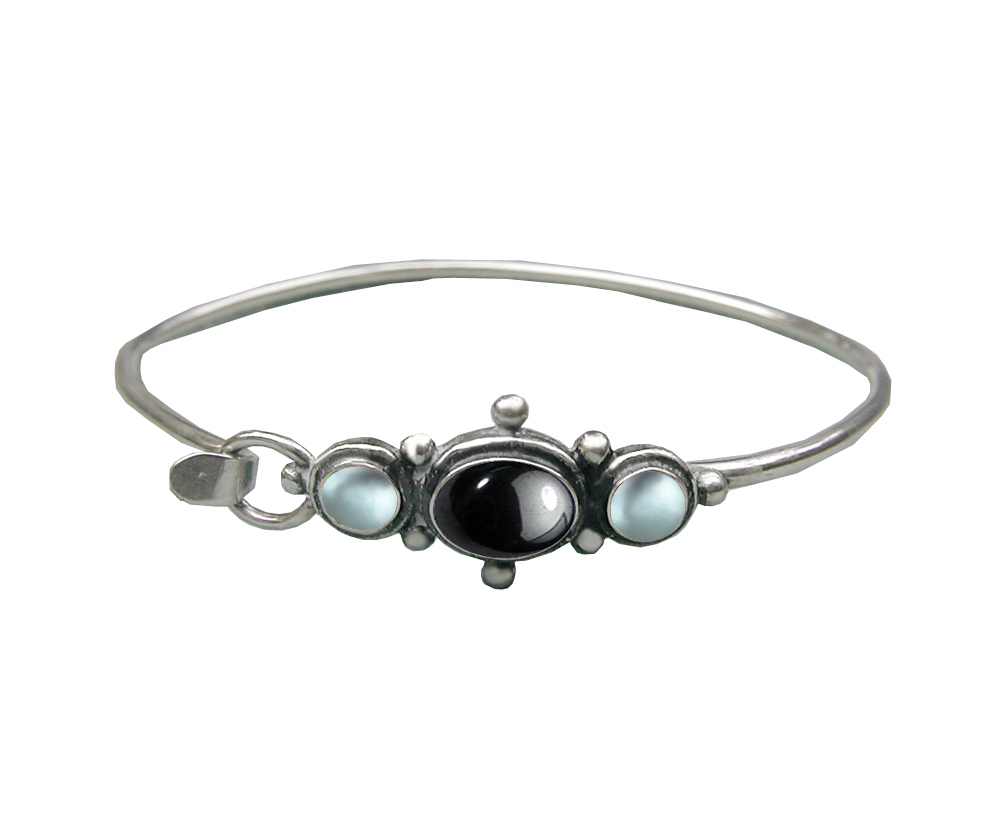 Sterling Silver Strap Latch Spring Hook Bangle Bracelet Hematite And Blue Topaz